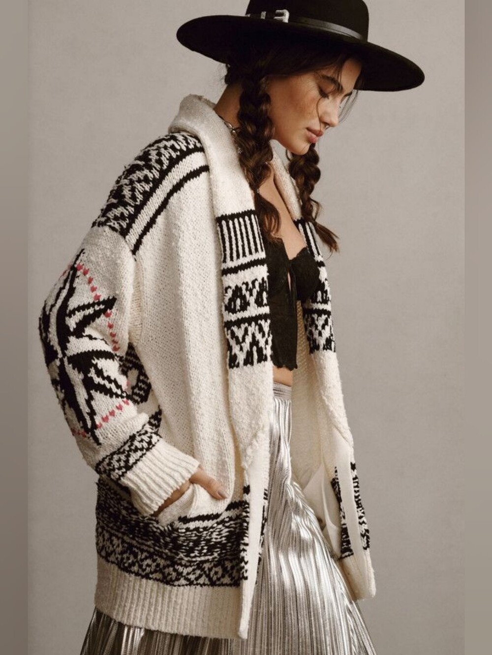 Pilcro Ivory and Black Fair Isle Open-Front Cardigan